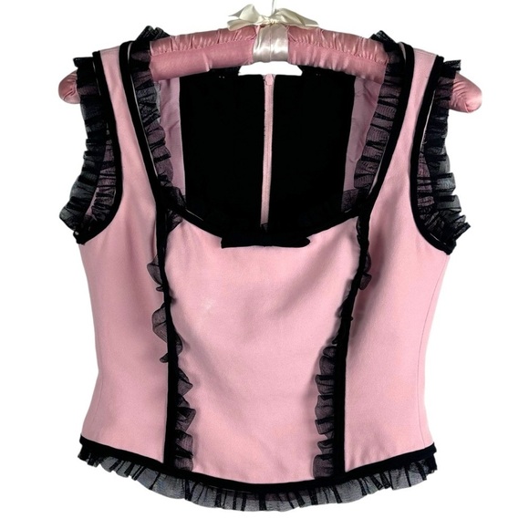 MOSCHINO CHEAP AND CHIC FRENCH MAID PINK BLACK RUFFLE TRIM FEMININE BUSTIER TOP - Picture 3 of 12